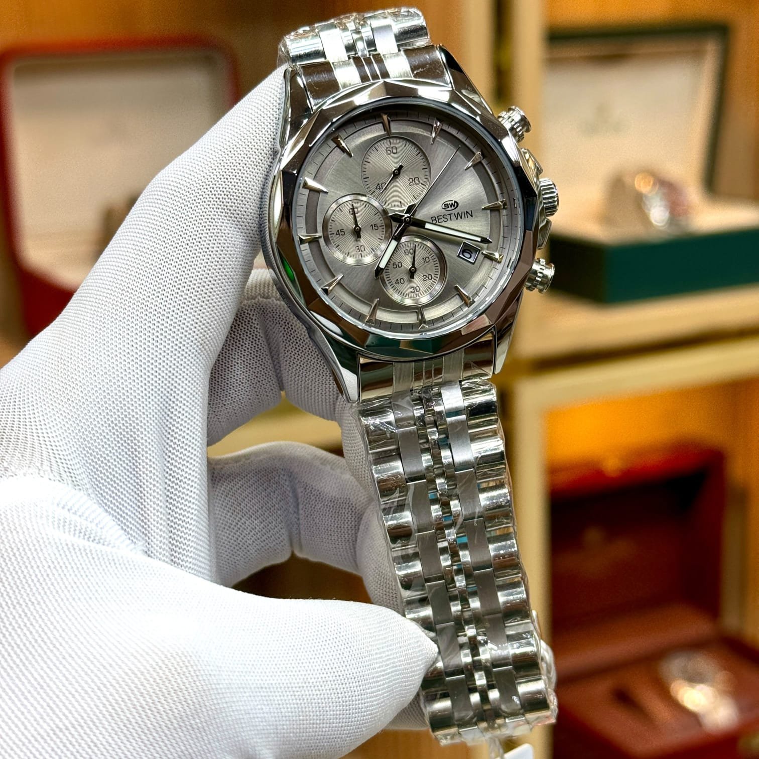 BESTWIN Luxury Silver Chronograph Men's Watch - Full Silver Stainless Steel Chain with Silver Dial & Date Display